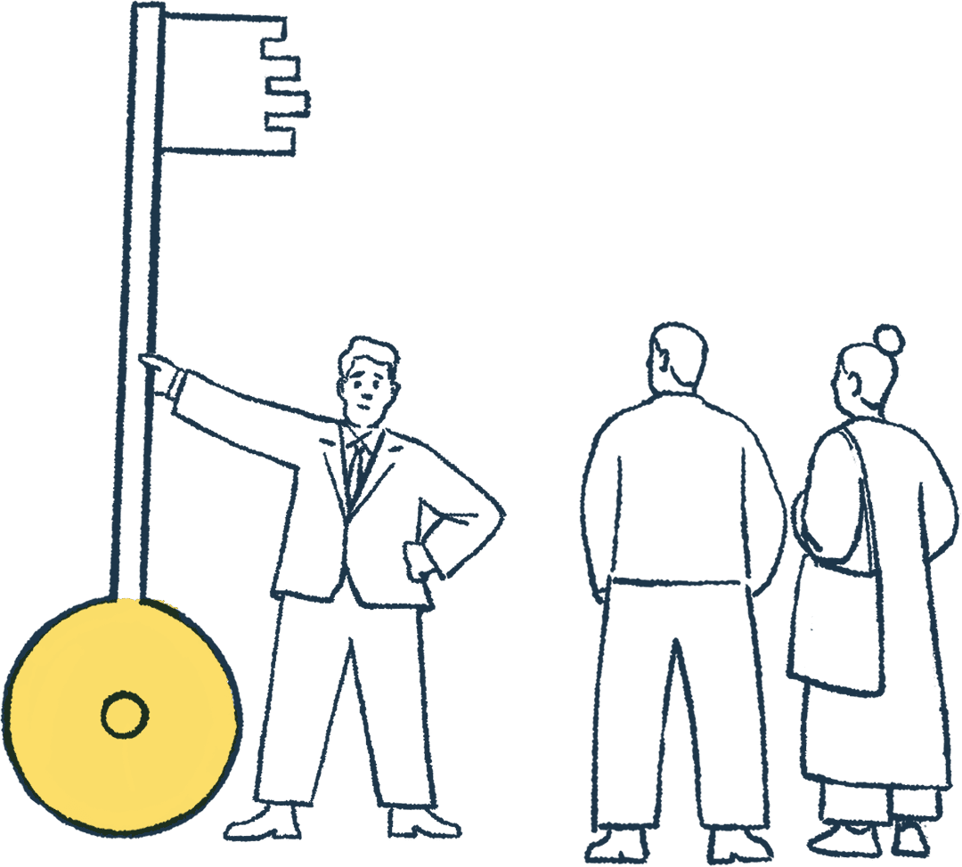 Illustration of an estate agent holding a large gold key, with two people viewing a property